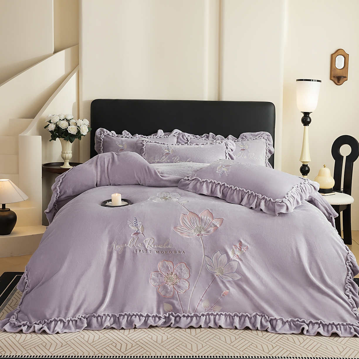 91家纺网 家纺一手货源 找家纺 孟鑫家纺 2025新款220克高克重韩版立体花边牛奶法式绣花四件套床单床盖款被套-浪漫花园系列 浪漫花园-紫灰