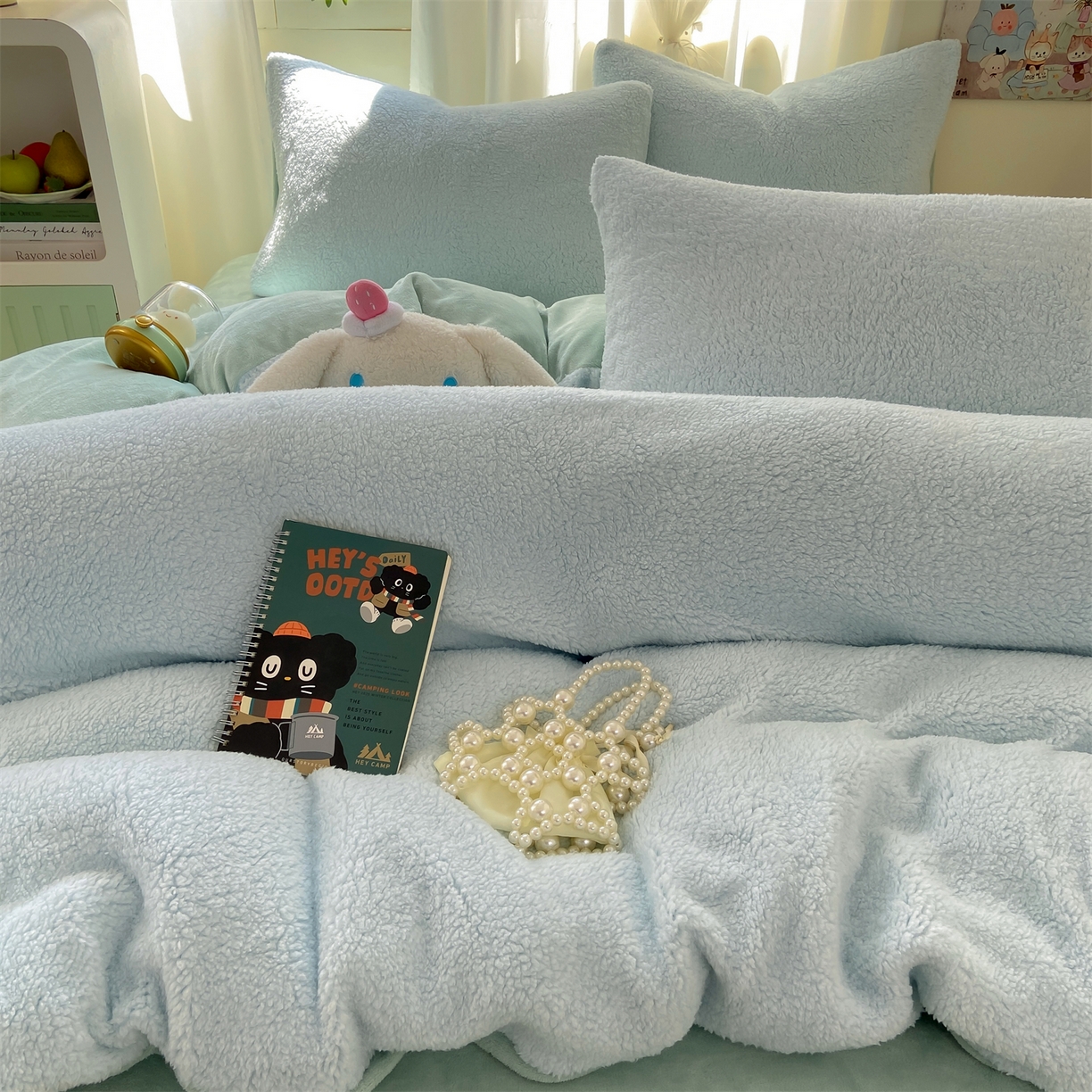 91家纺网 家纺一手货源 找家纺 灰鲸 2025新款秋冬韩系牛奶羊羔绒四件套 羊羔-蓝绿