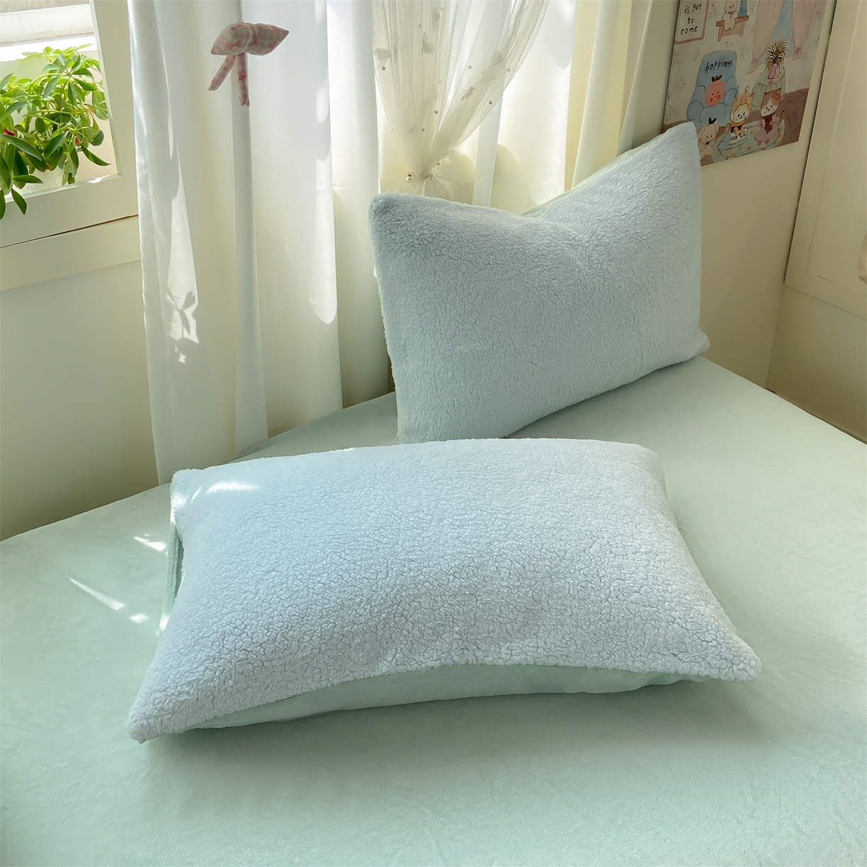 91家纺网 家纺一手货源 找家纺 灰鲸 2025新款秋冬韩系牛奶羊羔绒四件套 羊羔-蓝绿