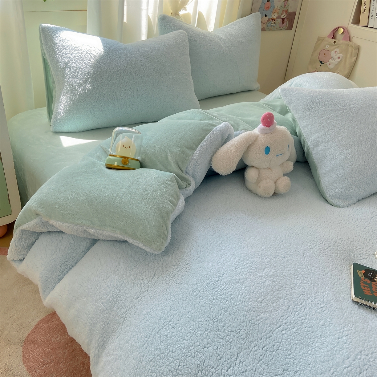 91家纺网 家纺一手货源 找家纺 灰鲸 2025新款秋冬韩系牛奶羊羔绒四件套 羊羔-蓝绿