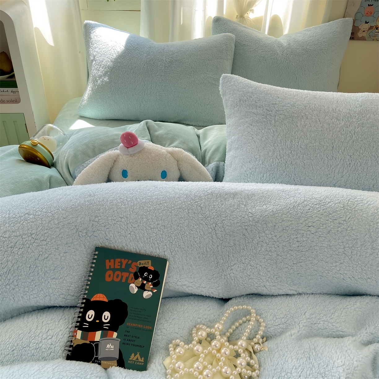 91家纺网 家纺一手货源 找家纺 灰鲸 2025新款秋冬韩系牛奶羊羔绒四件套 羊羔-蓝绿