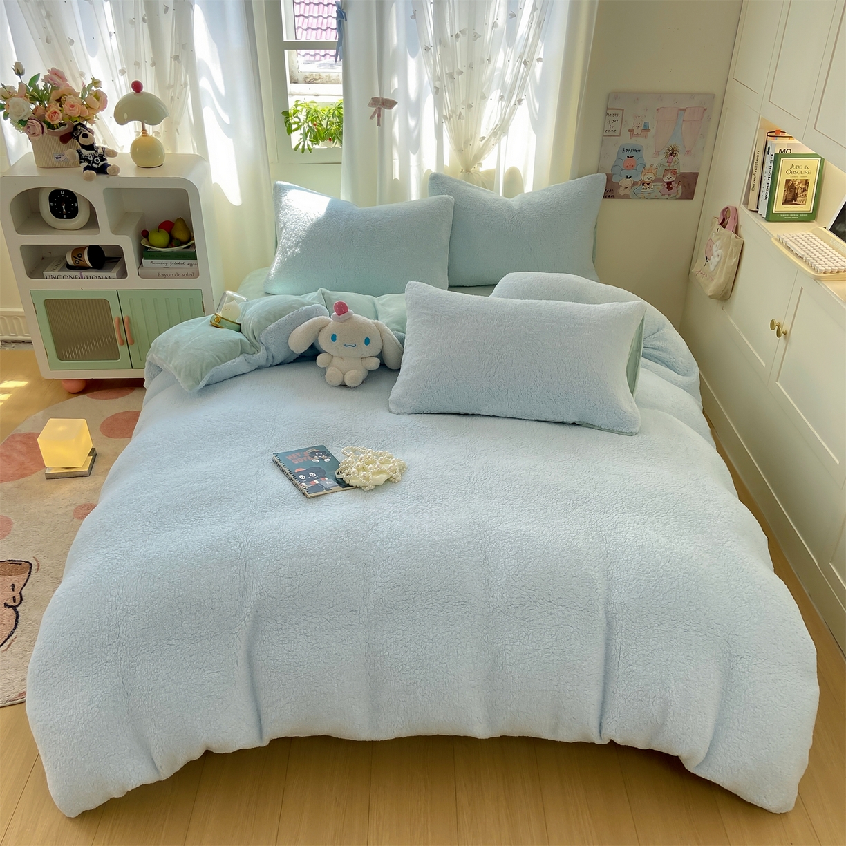 91家纺网 家纺一手货源 找家纺 灰鲸 2025新款秋冬韩系牛奶羊羔绒四件套 羊羔-蓝绿