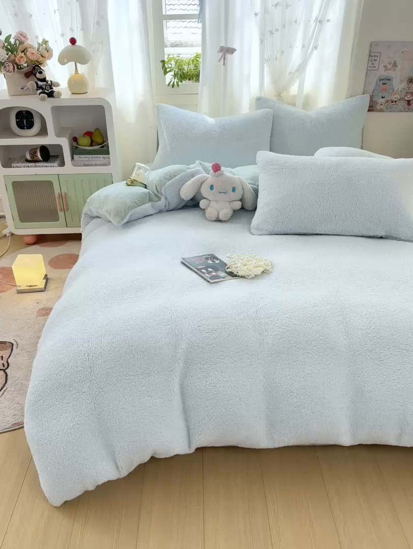 91家纺网 家纺一手货源 找家纺 灰鲸 2025新款秋冬韩系牛奶羊羔绒四件套 羊羔-蓝绿
