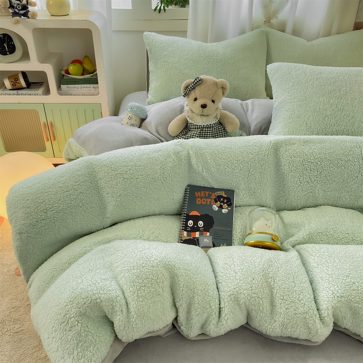 灰鲸 2025新款秋冬韩系牛奶羊羔绒四件套 羊羔-绿灰