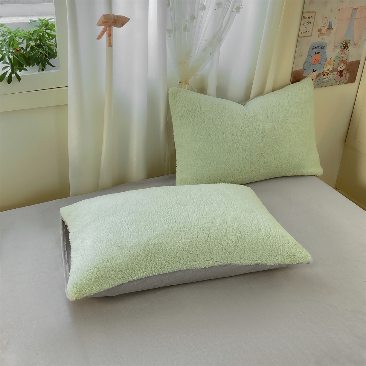 91家纺网 家纺一手货源 找家纺 灰鲸 2025新款秋冬韩系牛奶羊羔绒四件套 羊羔-绿灰