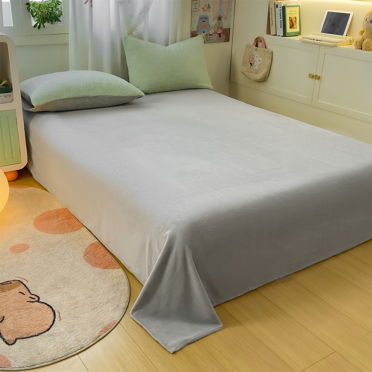 91家纺网 家纺一手货源 找家纺 灰鲸 2025新款秋冬韩系牛奶羊羔绒四件套 羊羔-绿灰