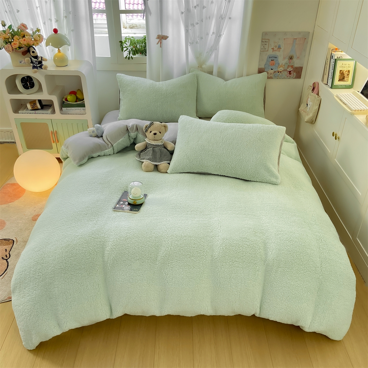 91家纺网 家纺一手货源 找家纺 灰鲸 2025新款秋冬韩系牛奶羊羔绒四件套 羊羔-绿灰