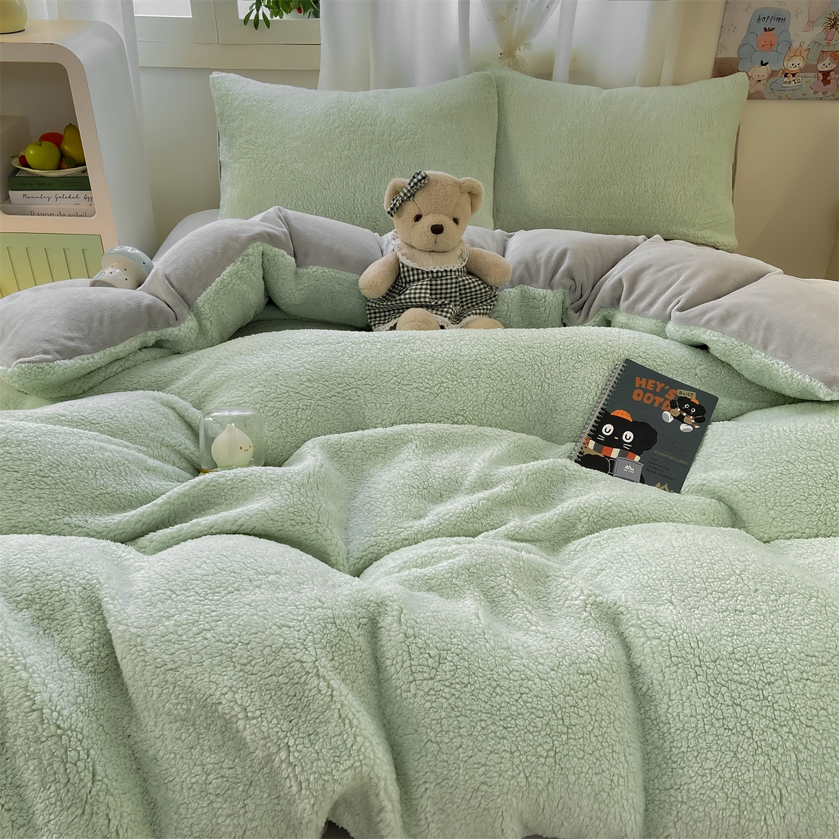 91家纺网 家纺一手货源 找家纺 灰鲸 2025新款秋冬韩系牛奶羊羔绒四件套 羊羔-绿灰