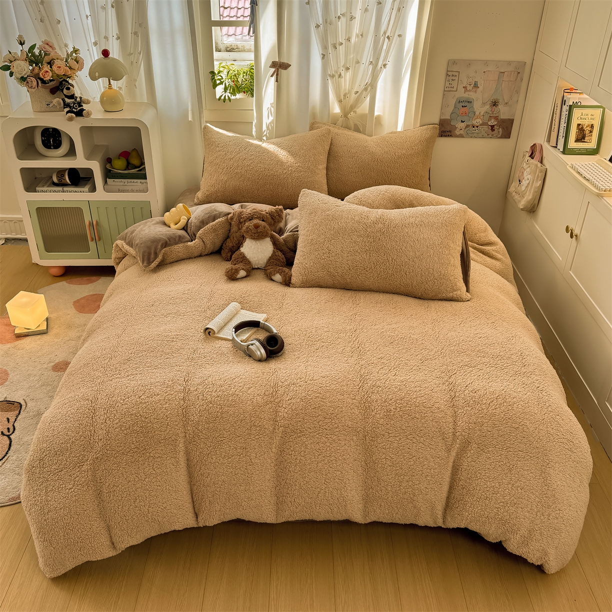 91家纺网 家纺一手货源 找家纺 灰鲸 2025新款秋冬韩系牛奶羊羔绒四件套 羊羔-摩卡