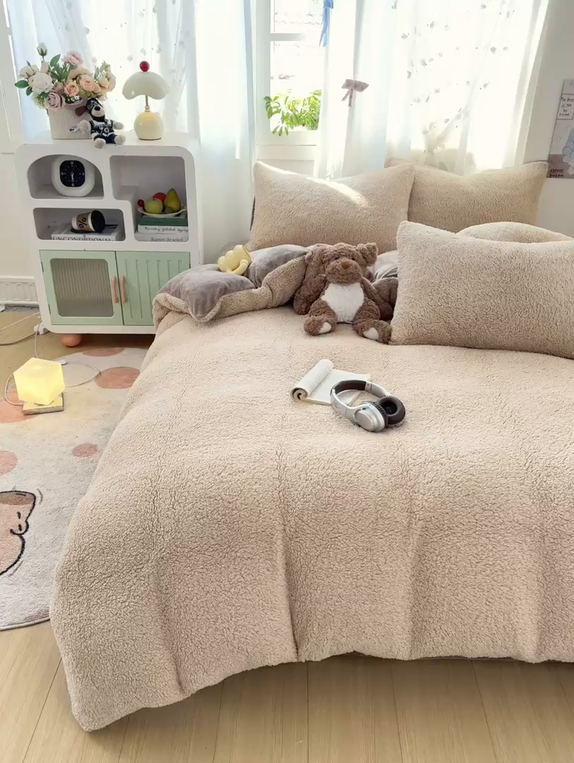 91家纺网 家纺一手货源 找家纺 灰鲸 2025新款秋冬韩系牛奶羊羔绒四件套 羊羔-摩卡