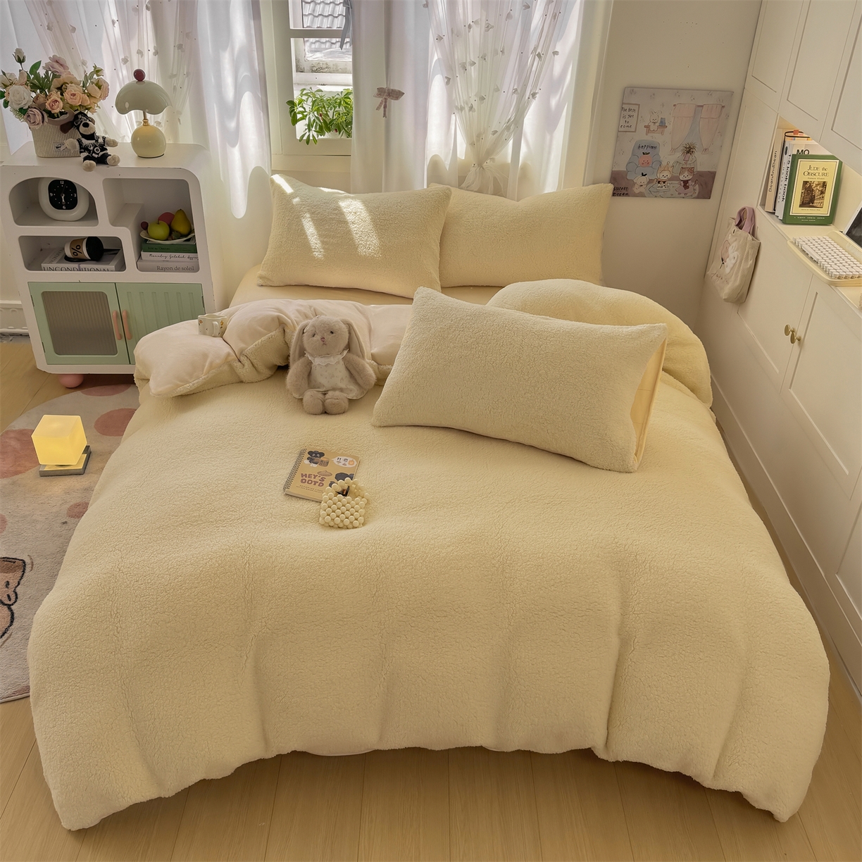 91家纺网 家纺一手货源 找家纺 灰鲸 2025新款秋冬韩系牛奶羊羔绒四件套 羊羔-奶黄