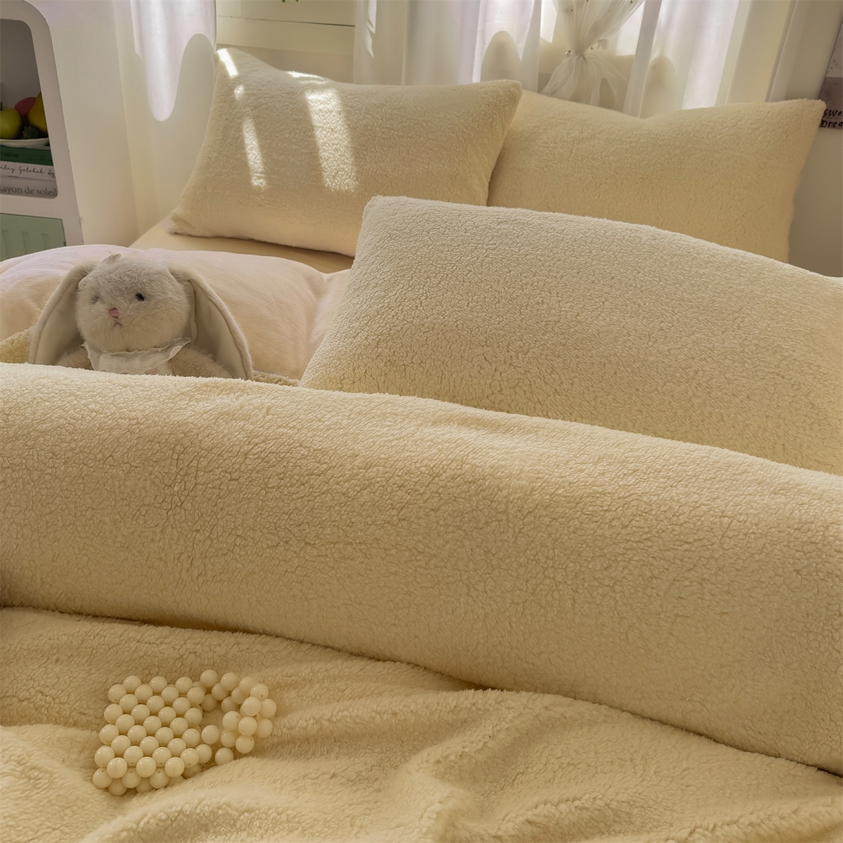 91家纺网 家纺一手货源 找家纺 灰鲸 2025新款秋冬韩系牛奶羊羔绒四件套 羊羔-奶黄