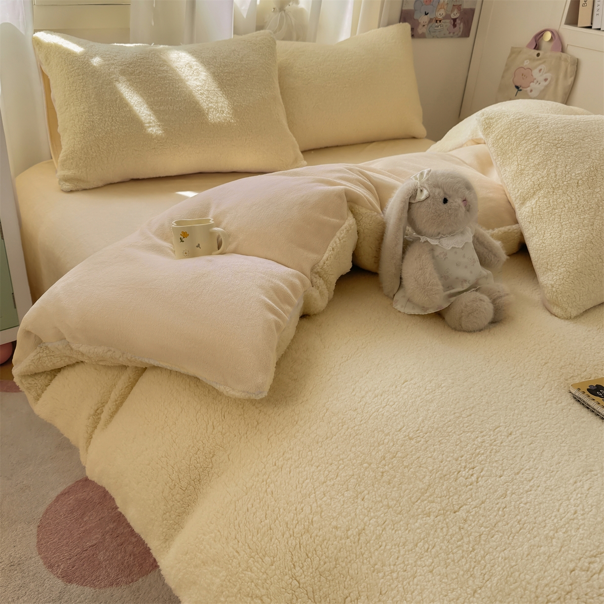 91家纺网 家纺一手货源 找家纺 灰鲸 2025新款秋冬韩系牛奶羊羔绒四件套 羊羔-奶黄