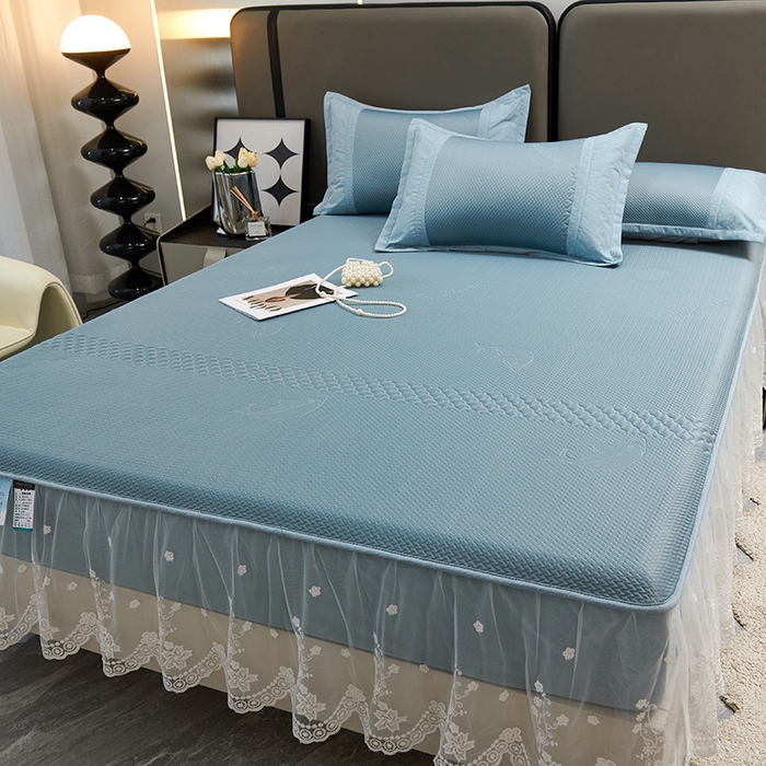 91家纺网 家纺一手货源 找家纺 梵克保罗 2025新款凉感丝蕾丝花边床笠款凉席-海豚系列 海豚 蓝