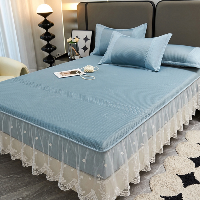 91家纺网 家纺一手货源 找家纺 梵克保罗 2025新款凉感丝蕾丝花边床笠款凉席-海豚系列 海豚 蓝