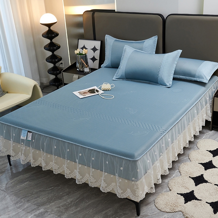 91家纺网 家纺一手货源 找家纺 梵克保罗 2025新款凉感丝蕾丝花边床笠款凉席-海豚系列 海豚 蓝