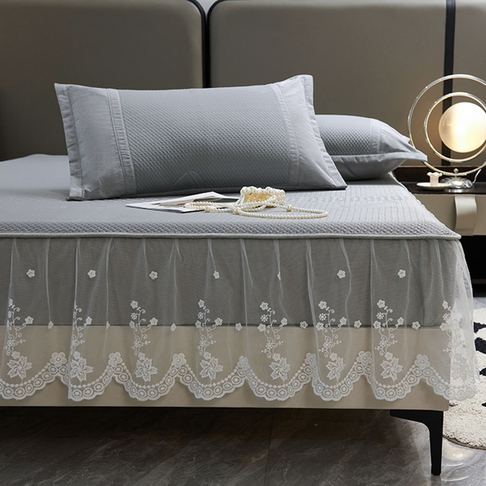 91家纺网 家纺一手货源 找家纺 梵克保罗 2025新款凉感丝蕾丝花边床笠款凉席-海豚系列 海豚-灰