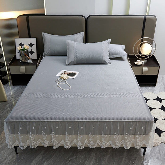 91家纺网 家纺一手货源 找家纺 梵克保罗 2025新款凉感丝蕾丝花边床笠款凉席-海豚系列 海豚-灰