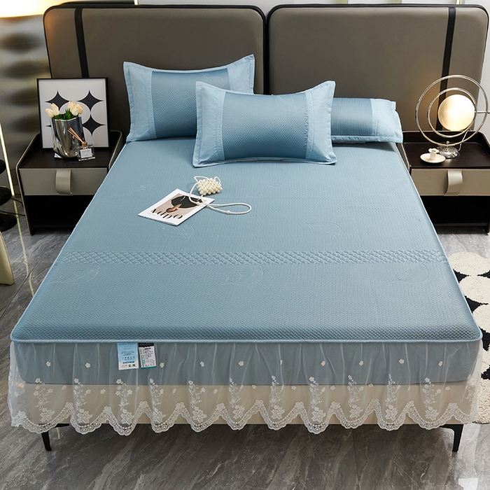 91家纺网 家纺一手货源 找家纺 梵克保罗 2025新款凉感丝蕾丝花边床笠款凉席-海豚系列 海豚 蓝