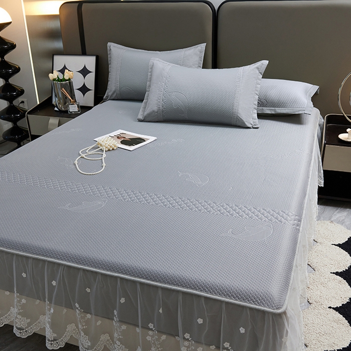 91家纺网 家纺一手货源 找家纺 梵克保罗 2025新款凉感丝蕾丝花边床笠款凉席-海豚系列 海豚-灰