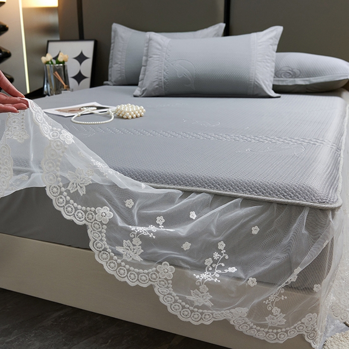 91家纺网 家纺一手货源 找家纺 梵克保罗 2025新款凉感丝蕾丝花边床笠款凉席-海豚系列 海豚-灰