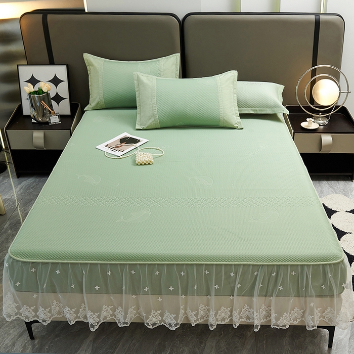 91家纺网 家纺一手货源 找家纺 梵克保罗 2025新款凉感丝蕾丝花边床笠款凉席-海豚系列 海豚 绿