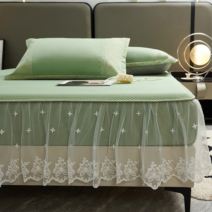 91家纺网 家纺一手货源 找家纺 梵克保罗 2025新款凉感丝蕾丝花边床笠款凉席-海豚系列 海豚 绿