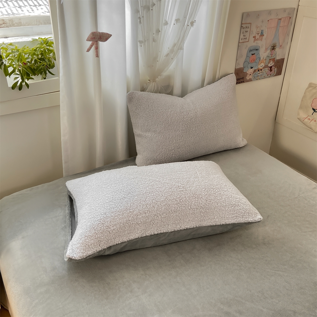 91家纺网 家纺一手货源 找家纺 灰鲸 2025新款秋冬韩系牛奶羊羔绒四件套 羊羔-山灰