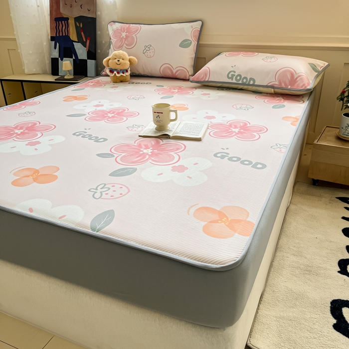 91家纺网 家纺一手货源 找家纺 梵克保罗 2025新款春夏PE提花凉感丝冰丝床笠款凉席 花兮-粉