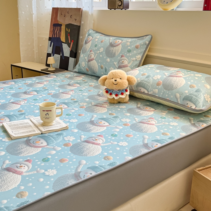 91家纺网 家纺一手货源 找家纺 梵克保罗 2025新款春夏PE提花凉感丝冰丝床笠款凉席 雪人