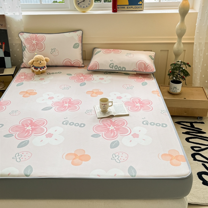 91家纺网 家纺一手货源 找家纺 梵克保罗 2025新款春夏PE提花凉感丝冰丝床笠款凉席 花兮-粉