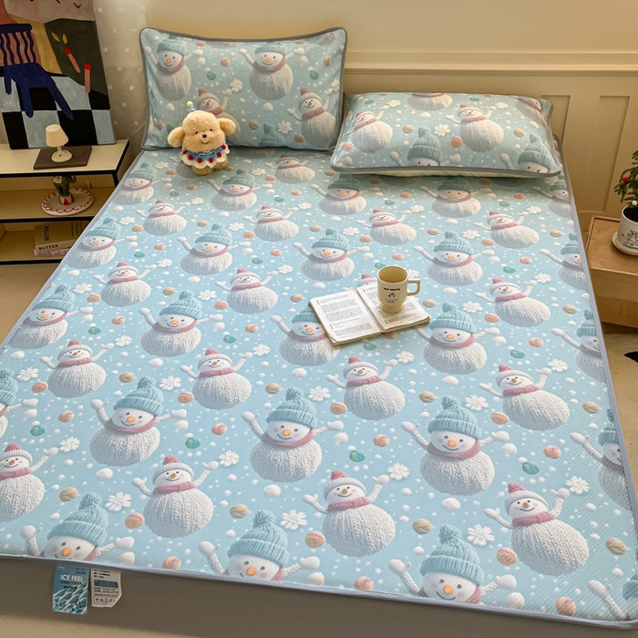 91家纺网 家纺一手货源 找家纺 梵克保罗 2025新款春夏PE提花凉感丝冰丝床笠款凉席 雪人