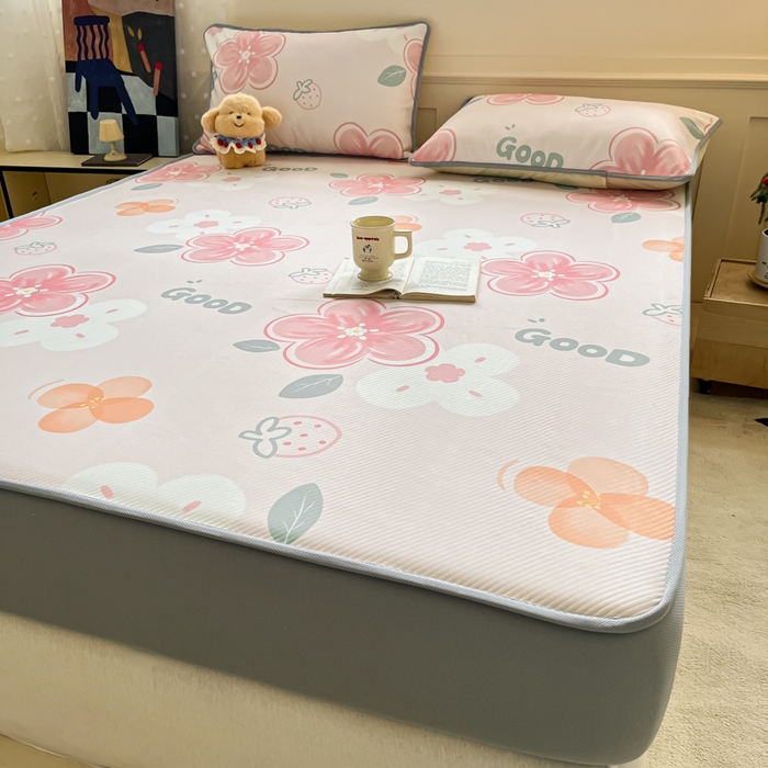 91家纺网 家纺一手货源 找家纺 梵克保罗 2025新款春夏PE提花凉感丝冰丝床笠款凉席 花兮-粉