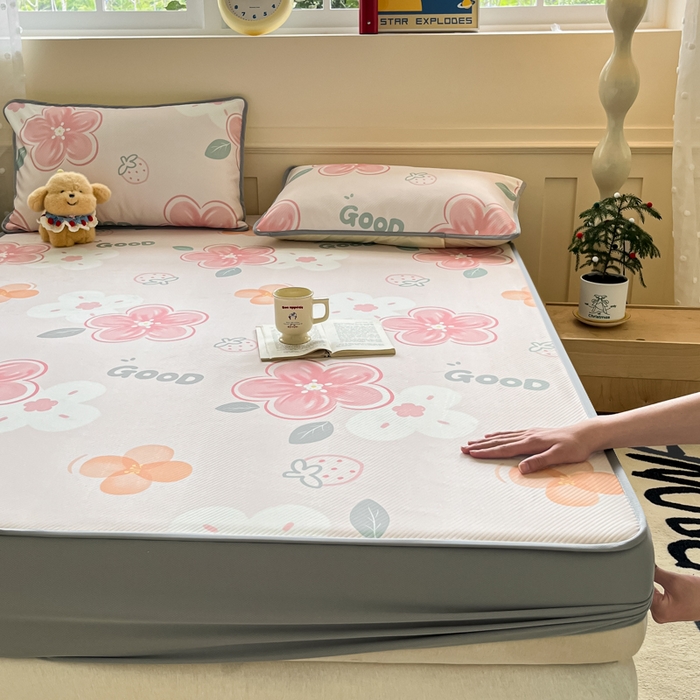 91家纺网 家纺一手货源 找家纺 梵克保罗 2025新款春夏PE提花凉感丝冰丝床笠款凉席 花兮-粉