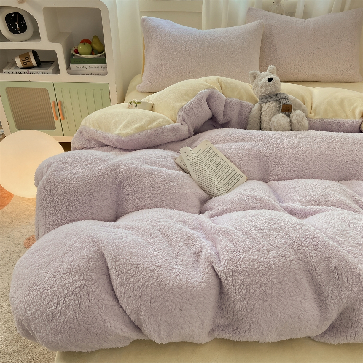 91家纺网 家纺一手货源 找家纺 灰鲸 2025新款秋冬韩系牛奶羊羔绒四件套 羊羔-紫黄