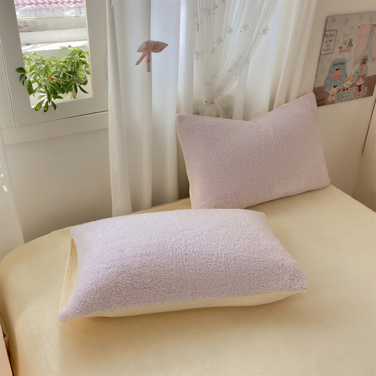 91家纺网 家纺一手货源 找家纺 灰鲸 2025新款秋冬韩系牛奶羊羔绒四件套 羊羔-紫黄