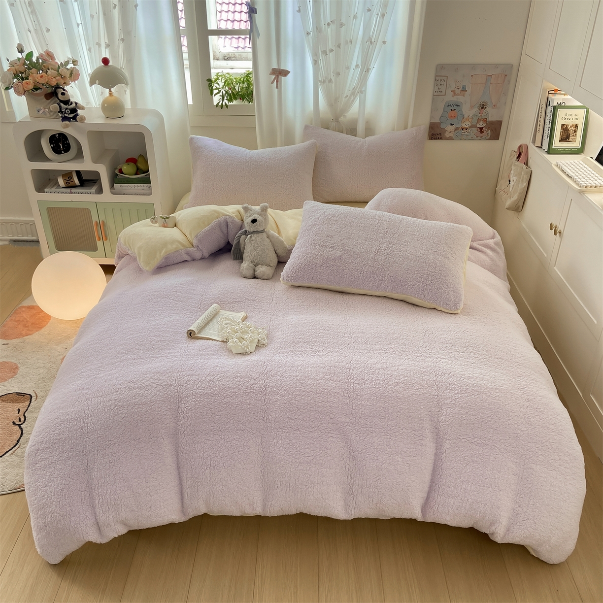 91家纺网 家纺一手货源 找家纺 灰鲸 2025新款秋冬韩系牛奶羊羔绒四件套 羊羔-紫黄