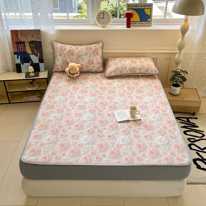 91家纺网 家纺一手货源 找家纺 梵克保罗 2025新款春夏PE提花凉感丝冰丝床笠款凉席 繁花