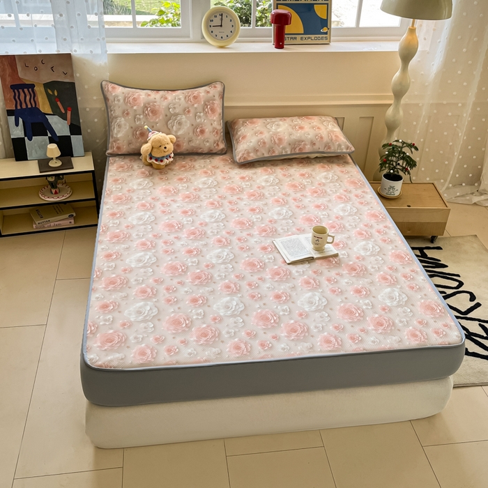 91家纺网 家纺一手货源 找家纺 梵克保罗 2025新款春夏PE提花凉感丝冰丝床笠款凉席 繁花