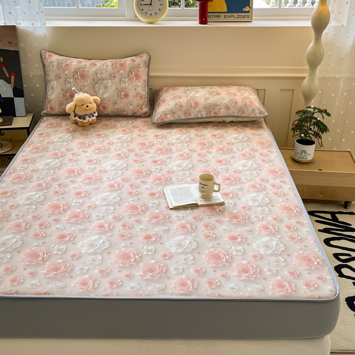 91家纺网 家纺一手货源 找家纺 梵克保罗 2025新款春夏PE提花凉感丝冰丝床笠款凉席 繁花