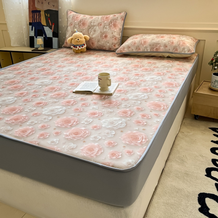 91家纺网 家纺一手货源 找家纺 梵克保罗 2025新款春夏PE提花凉感丝冰丝床笠款凉席 繁花