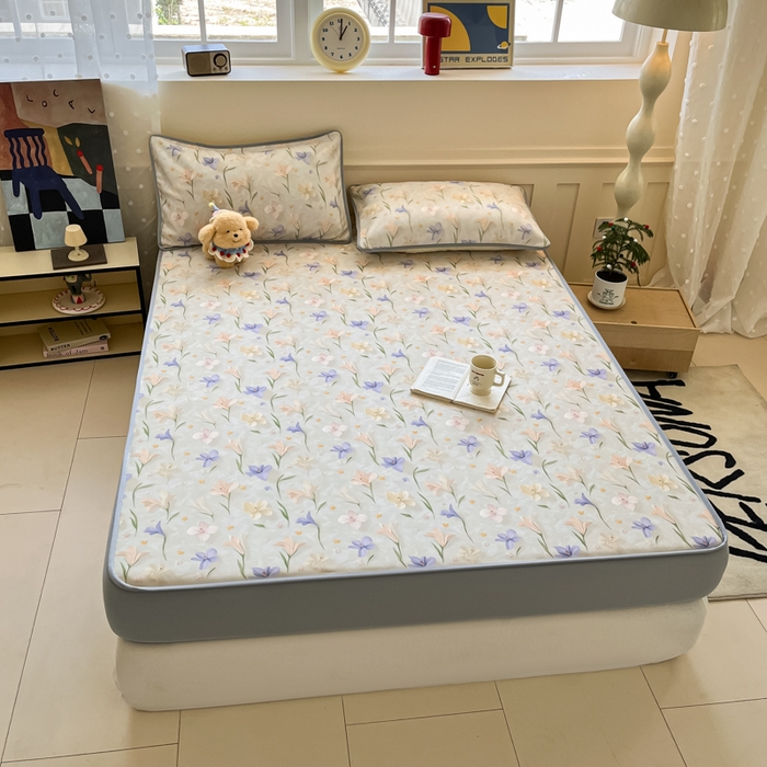 91家纺网 家纺一手货源 找家纺 梵克保罗 2025新款春夏PE提花凉感丝冰丝床笠款凉席 芬芳