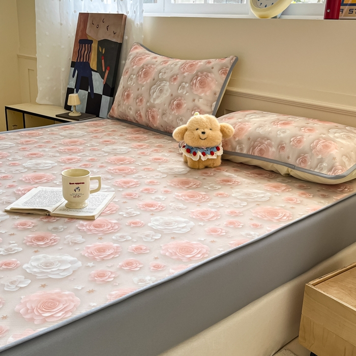 91家纺网 家纺一手货源 找家纺 梵克保罗 2025新款春夏PE提花凉感丝冰丝床笠款凉席 繁花