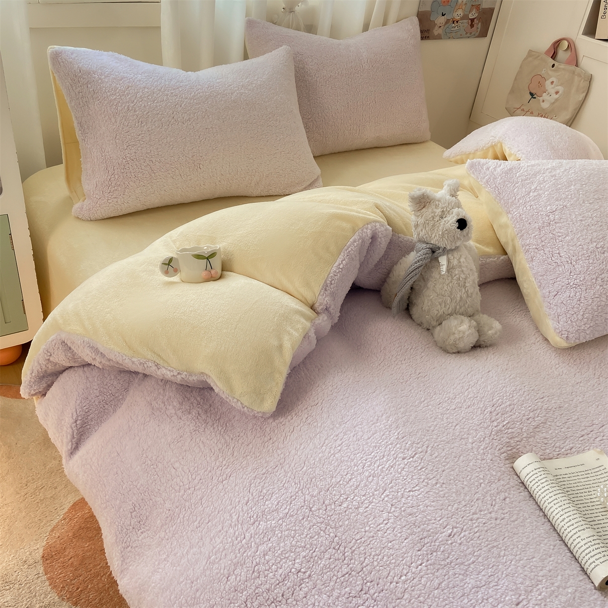 91家纺网 家纺一手货源 找家纺 灰鲸 2025新款秋冬韩系牛奶羊羔绒四件套 羊羔-紫黄