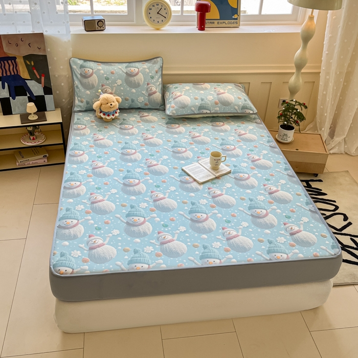 91家纺网 家纺一手货源 找家纺 梵克保罗 2025新款春夏PE提花凉感丝冰丝床笠款凉席 雪人