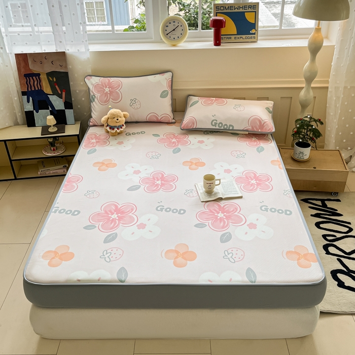 91家纺网 家纺一手货源 找家纺 梵克保罗 2025新款春夏PE提花凉感丝冰丝床笠款凉席 花兮-粉