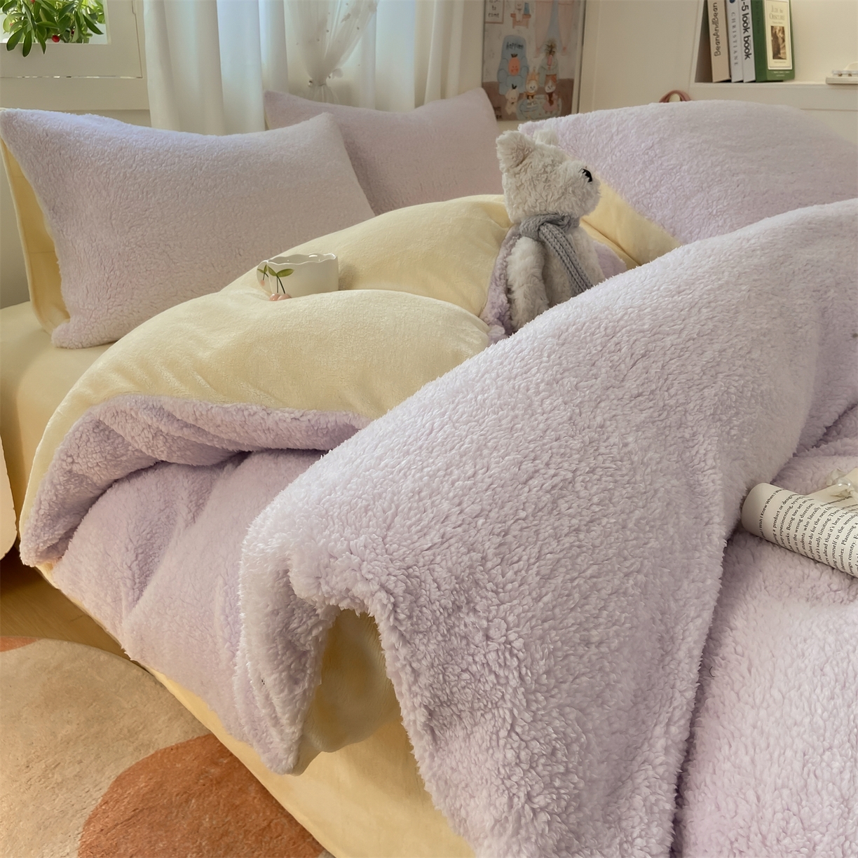 91家纺网 家纺一手货源 找家纺 灰鲸 2025新款秋冬韩系牛奶羊羔绒四件套 羊羔-紫黄
