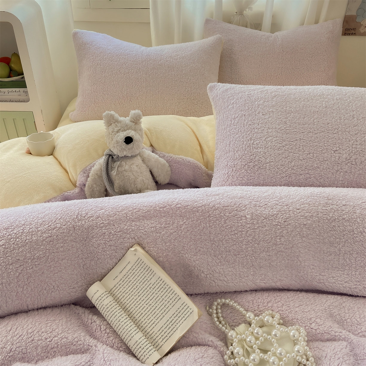 91家纺网 家纺一手货源 找家纺 灰鲸 2025新款秋冬韩系牛奶羊羔绒四件套 羊羔-紫黄