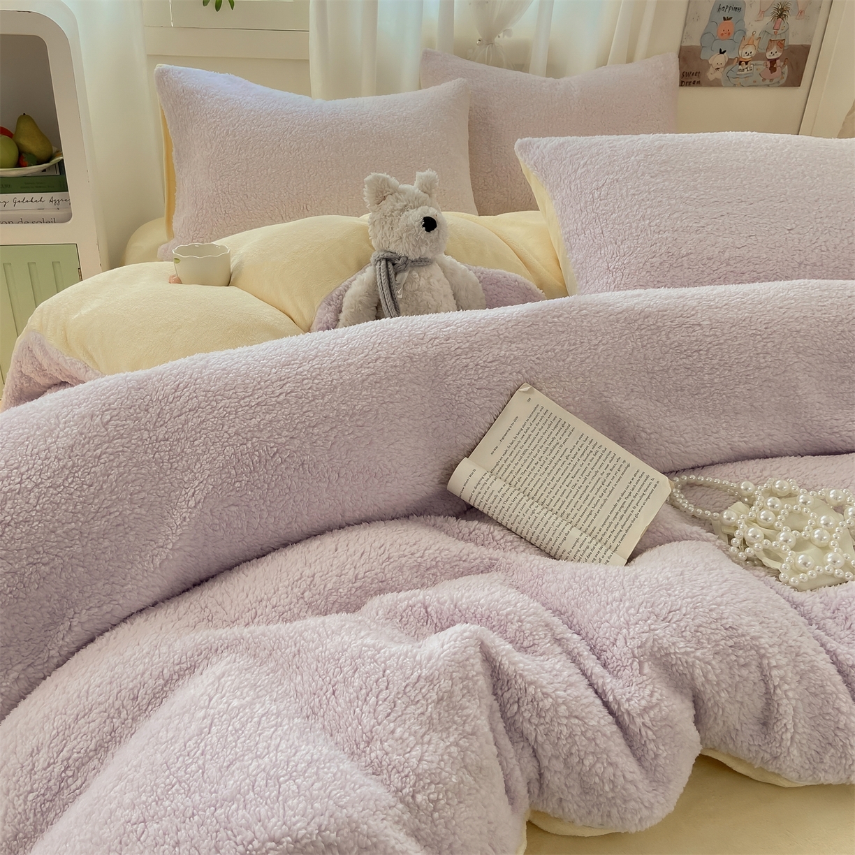 91家纺网 家纺一手货源 找家纺 灰鲸 2025新款秋冬韩系牛奶羊羔绒四件套 羊羔-紫黄