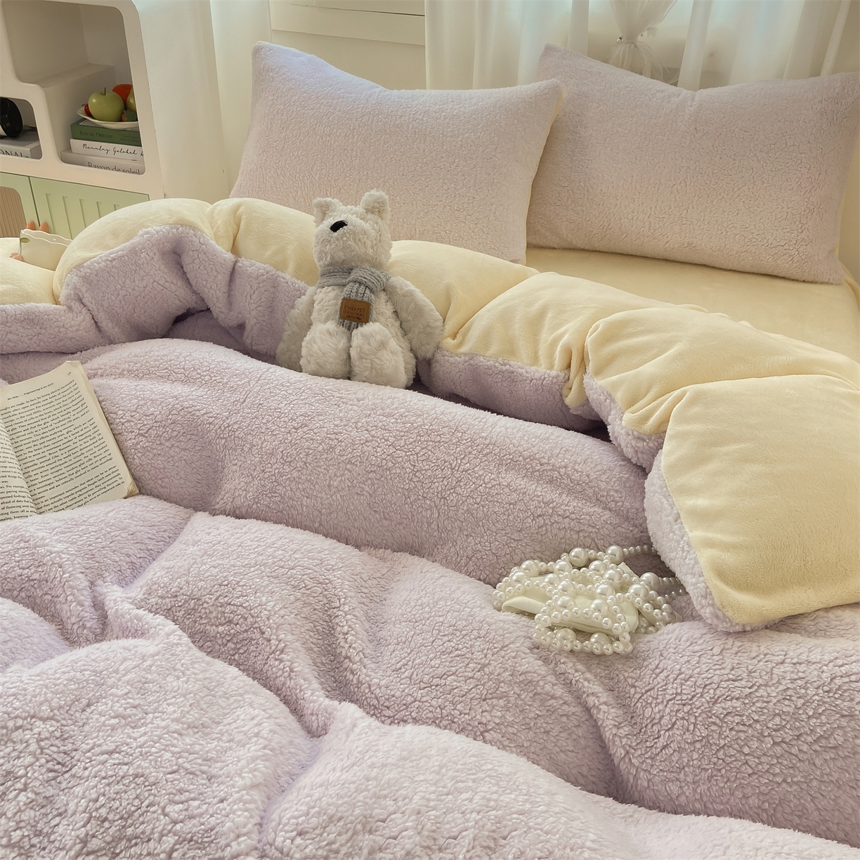 91家纺网 家纺一手货源 找家纺 灰鲸 2025新款秋冬韩系牛奶羊羔绒四件套 羊羔-紫黄